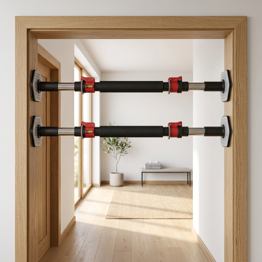 Telescoping pull-up bar pressure-installed in a solid wood interior doorway frame
