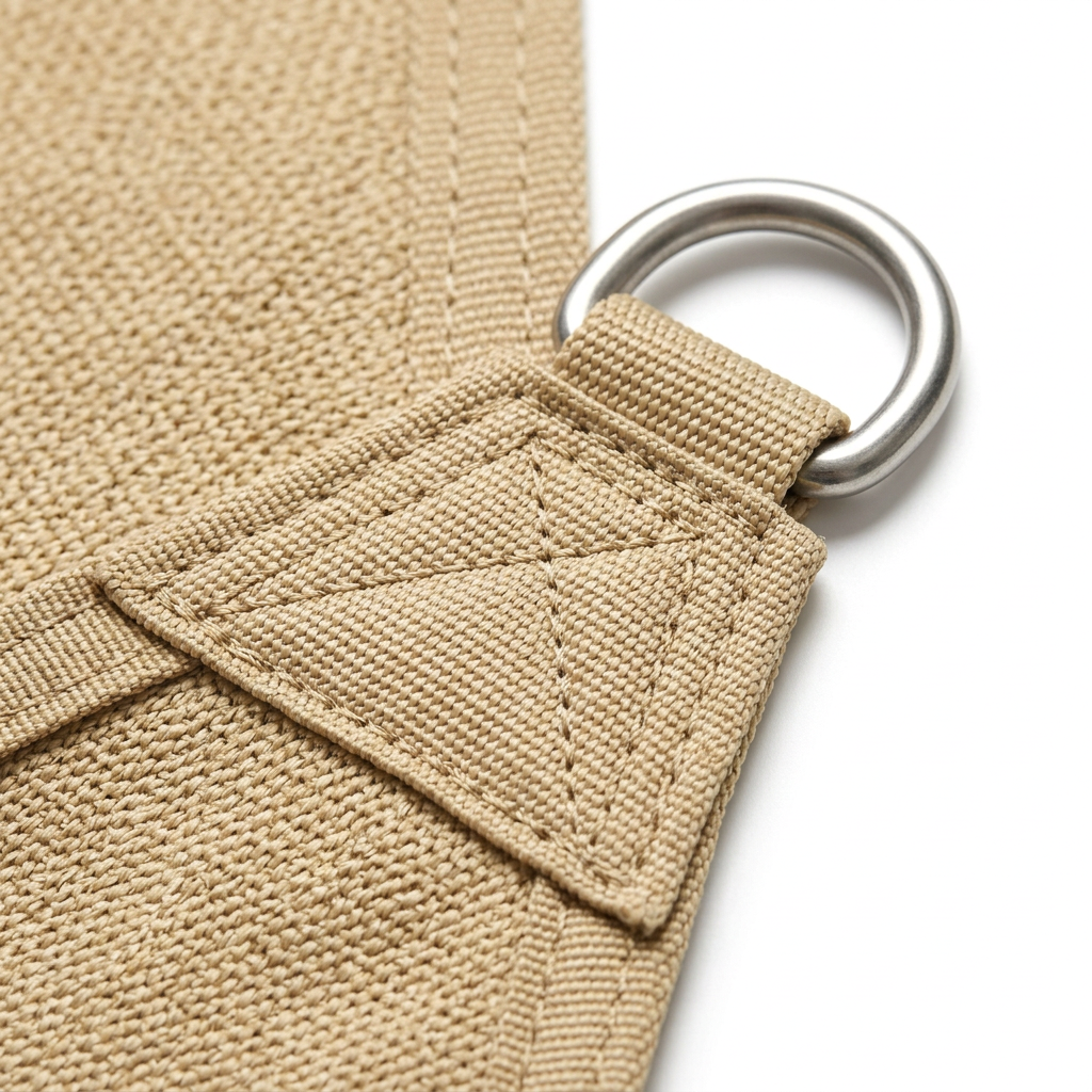 Close-up detail of shade sail corner showing multi-row reinforced stitching, heavy-duty webbing loop, and marine-grade stainless steel D-ring