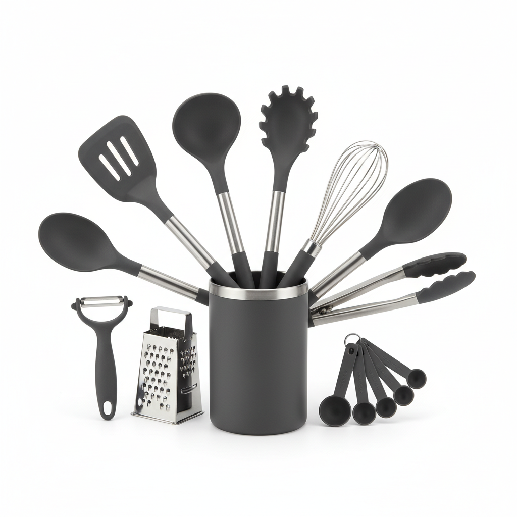 Complete multi-function kitchen utensil set arranged neatly on pure white background