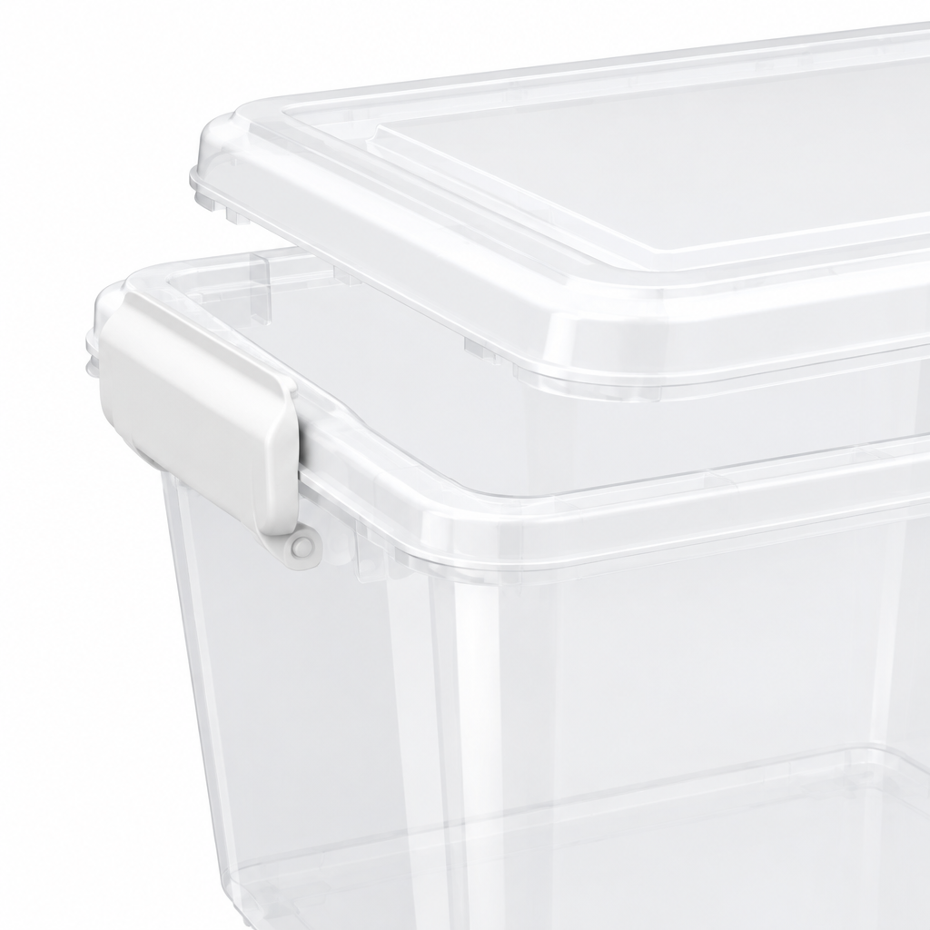 Plastic storage box with lid partly open showing interior, latching clip handle and lid rim