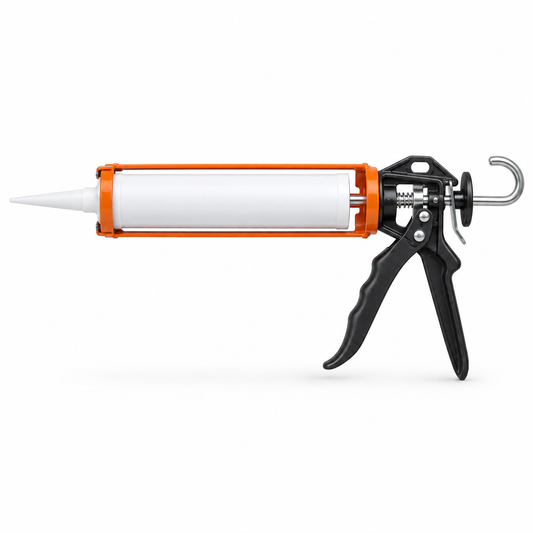 Heavy-duty manual caulking gun with steel skeleton frame and silicone cartridge on a pure white background with comfortable margins