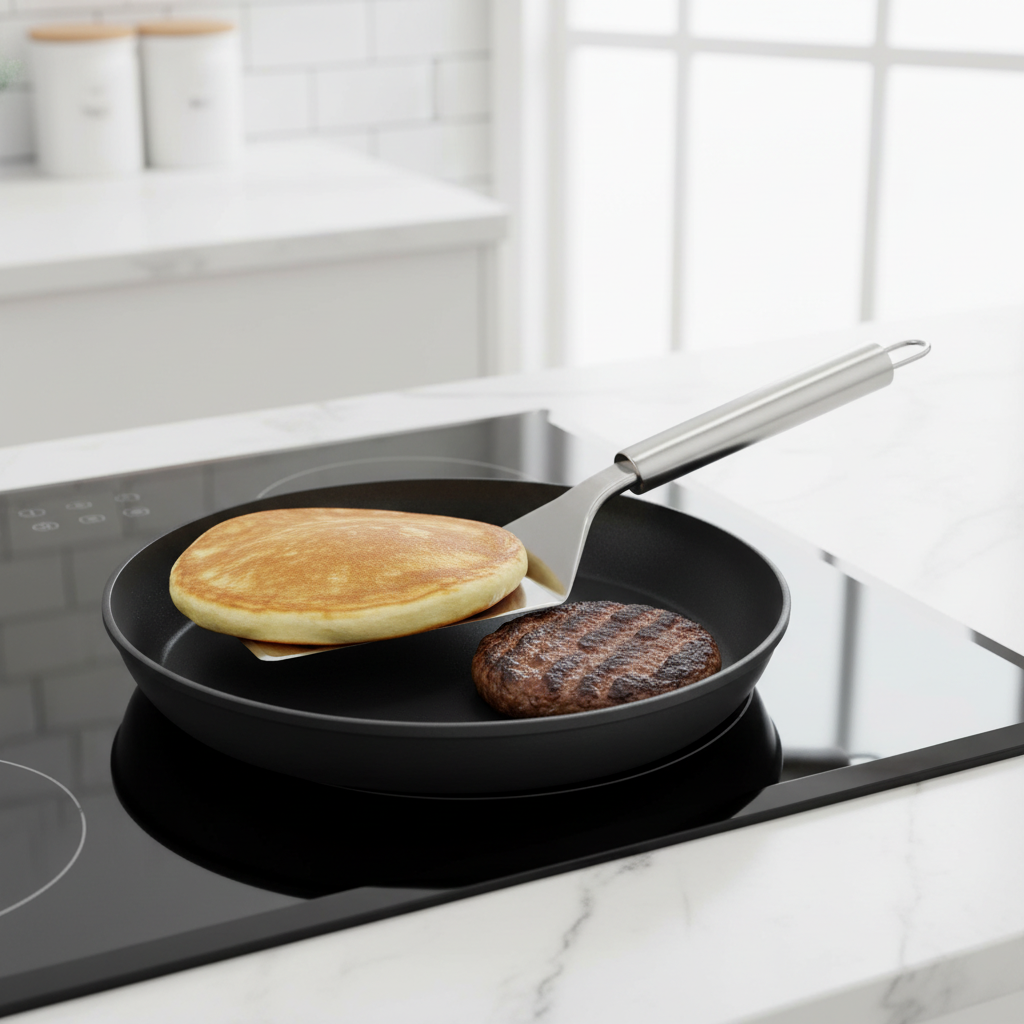 Wide stainless steel turner lifting and flipping golden pancake in skillet on cooktop