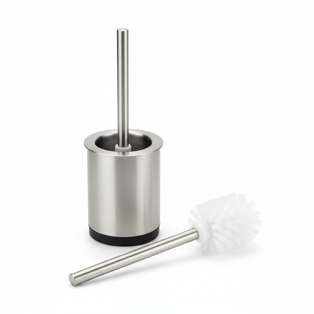 Hotel toilet brush and stainless steel round holder set shown assembled and separated on white background, compact guest bathroom cleaning hardware with brushed metal finish
