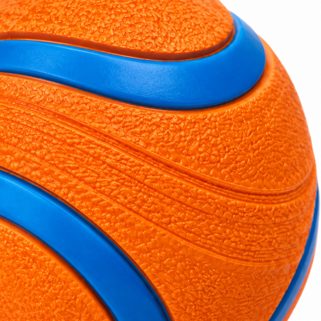 Macro close-up detail of textured pebble grain and molded grip grooves on natural rubber dog fetch ball