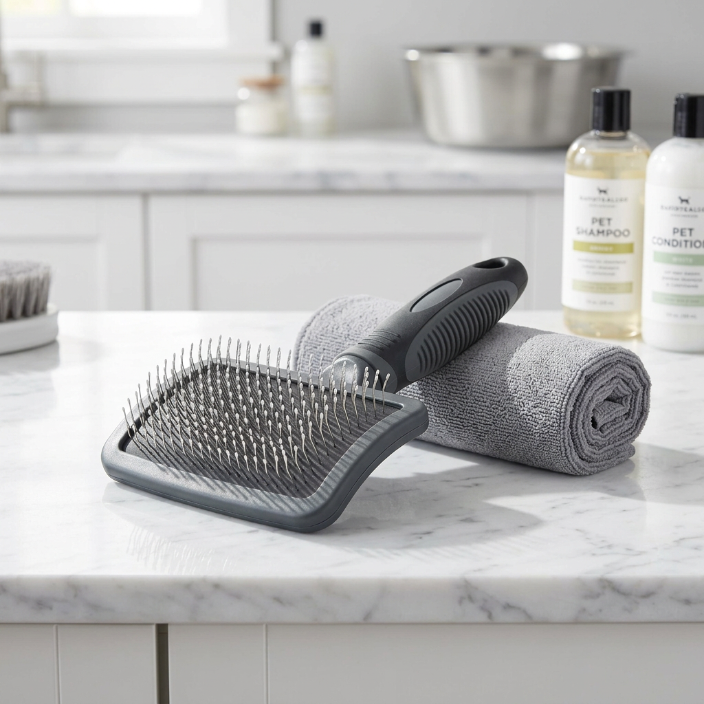 Slicker brush resting beside rolled grey grooming towel on marble countertop in bright grooming room
