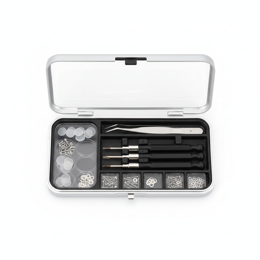 Compact eyeglass repair kit open with precision screwdrivers and parts on white background