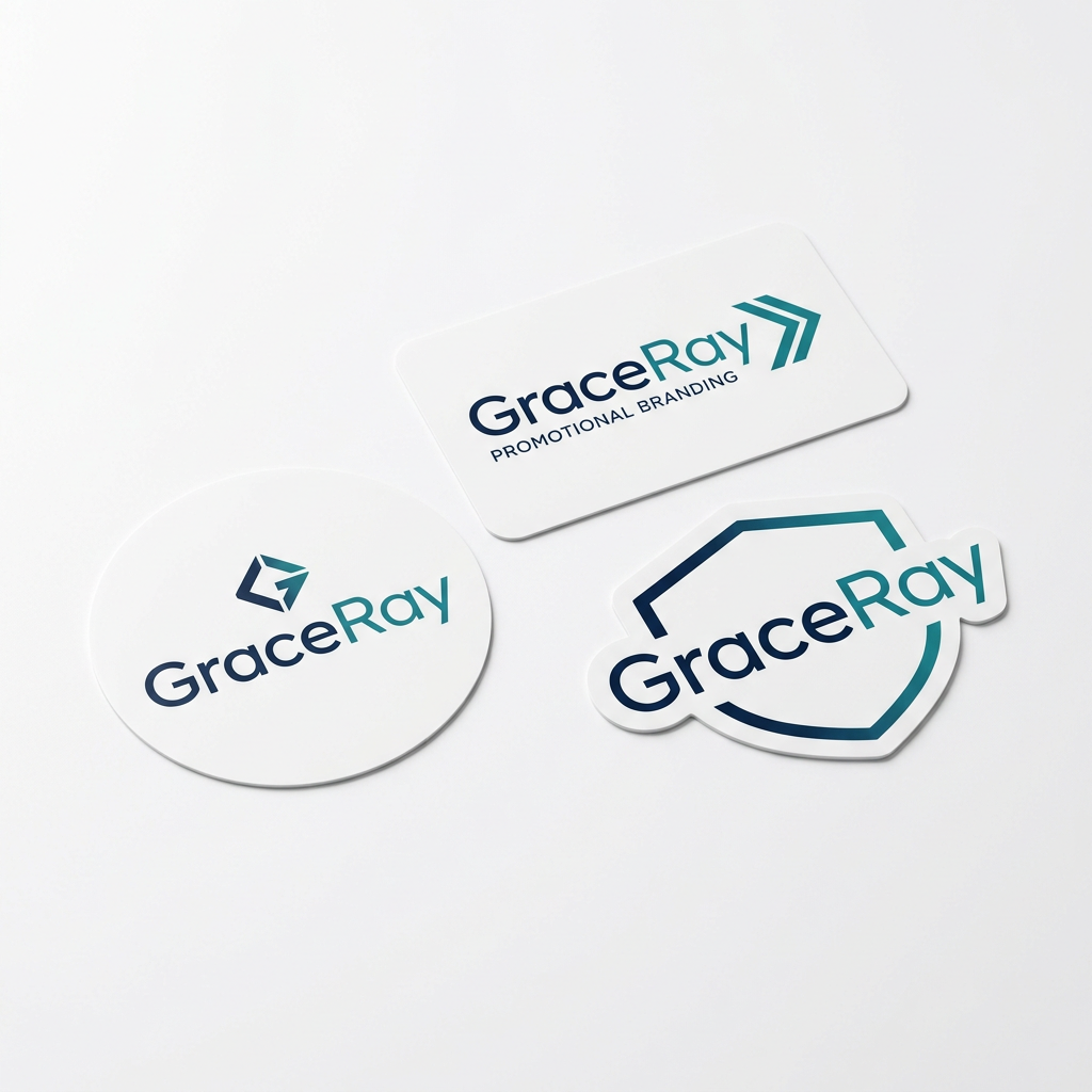 Custom printed promotional stickers in different shapes with branded graphic designs.