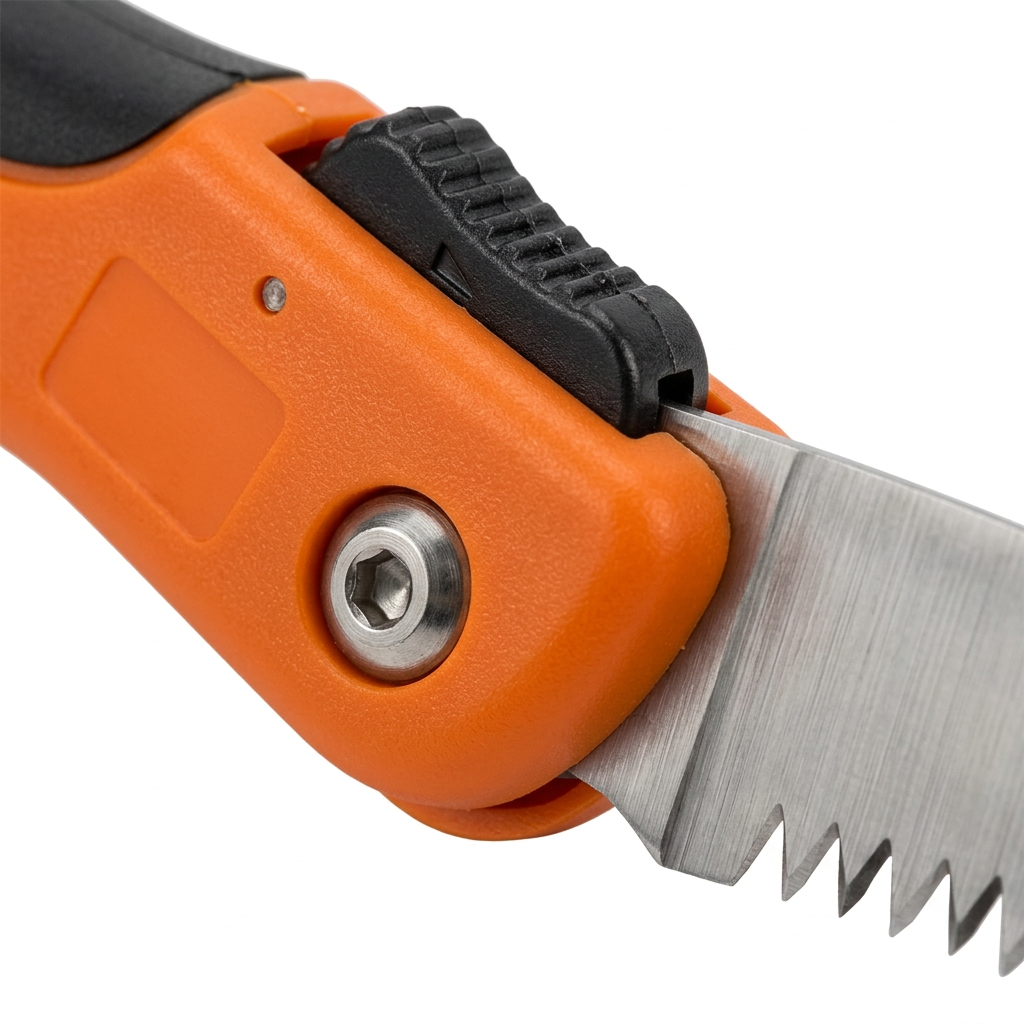 Macro close-up detail of folding pruning saw push-button safety lock latch, pivot bolt screw, and triple-ground teeth on pure white background