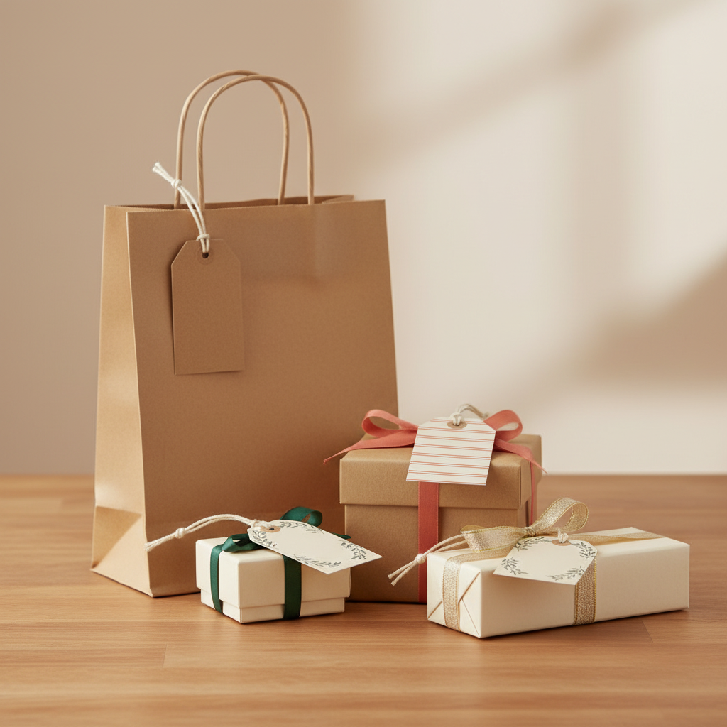 Blank seasonal paper gift tags attached with cotton twine to a kraft gift bag and simple ribbon-wrapped gift boxes.