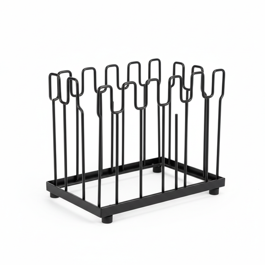 Freestanding kitchen pot lid organizer rack with vertical slots on pure white background