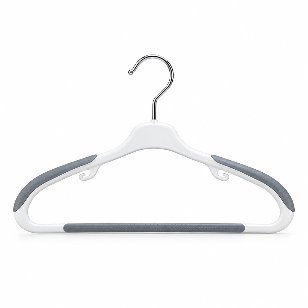 Non-slip clothes hanger with grey rubber grip pads on pure white background
