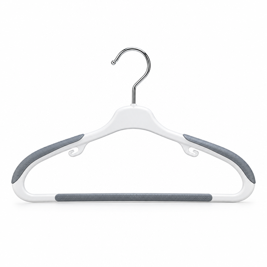 Non-slip clothes hanger with grey rubber grip pads on pure white background