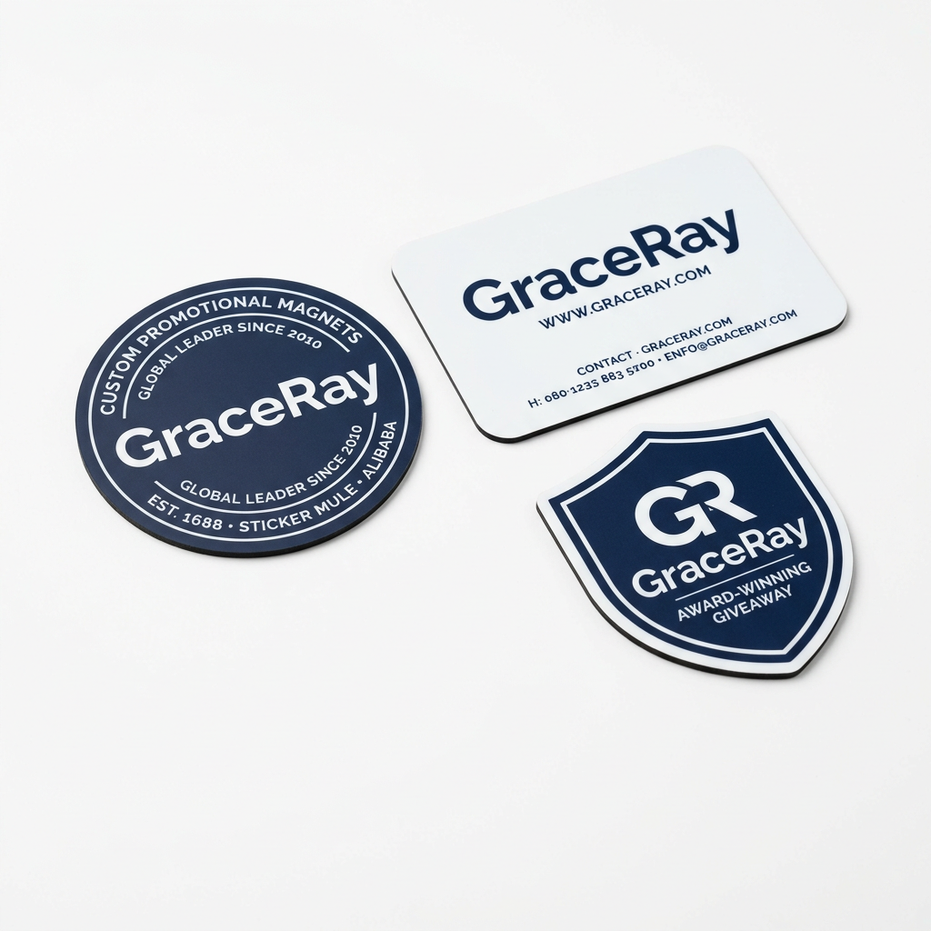 Custom printed promotional magnets with branded graphics in different shapes.