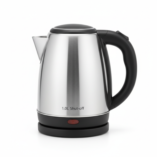 Hotel electric kettle with auto shut-off in brushed stainless steel on white background