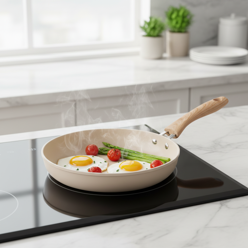 Ceramic non-stick frying pan cooking sunny-side-up eggs and asparagus on induction cooktop