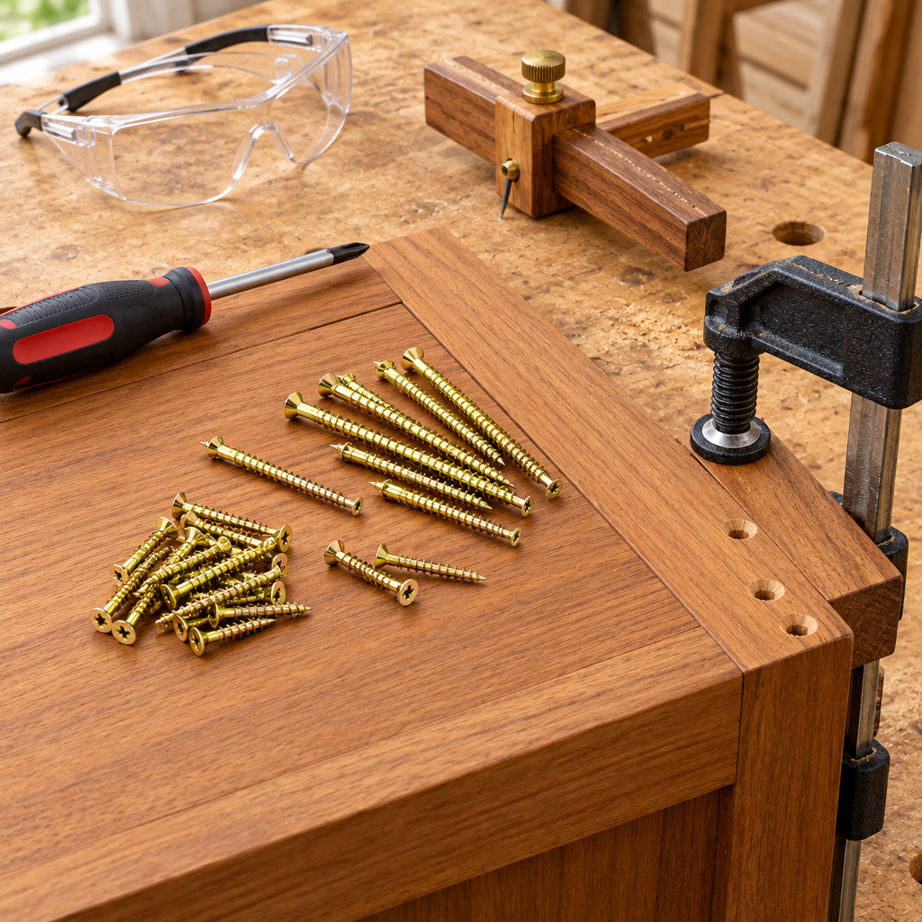 Yellow zinc wood screws resting on a teak cabinet panel beside pre-drilled countersunk holes, Phillips screwdriver, and safety glasses