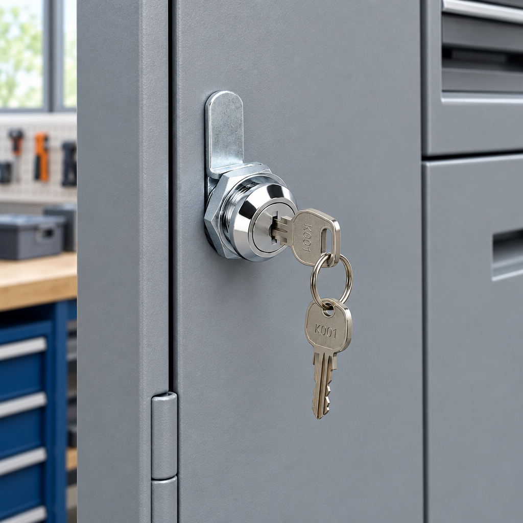 Chrome cabinet cam lock installed on a metal storage cabinet door with key inserted