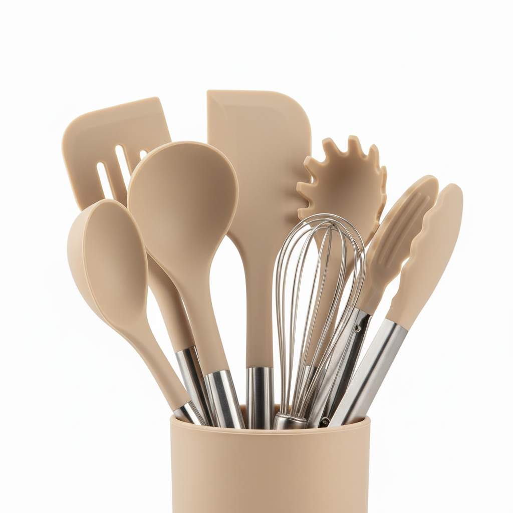 Macro detail of food-grade silicone utensil heads and matching caddy holder on pure white background