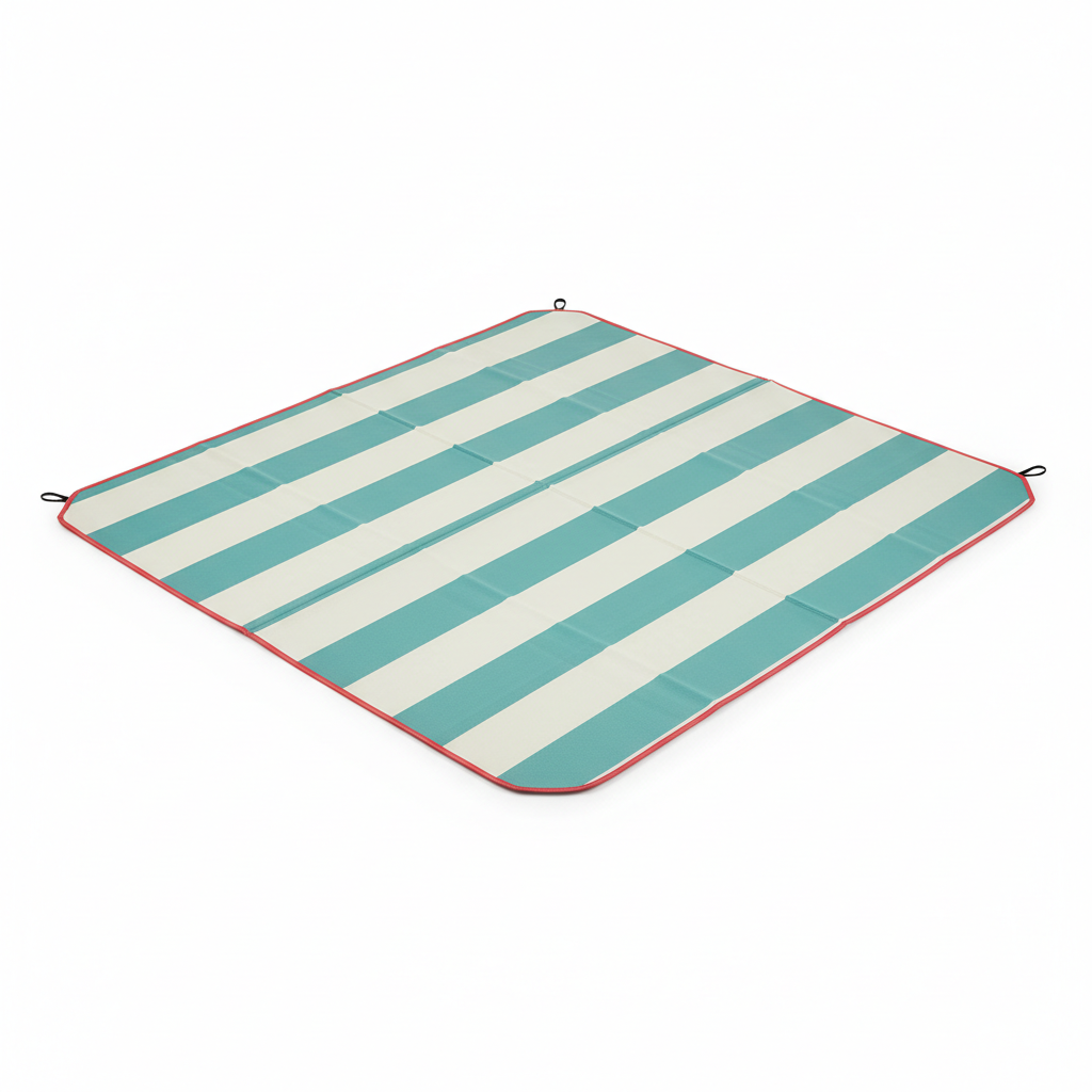 Rectangular portable beach mat fully opened on a pure white background, with aqua-blue and cream stripes, coral-red binding and black corner loops.