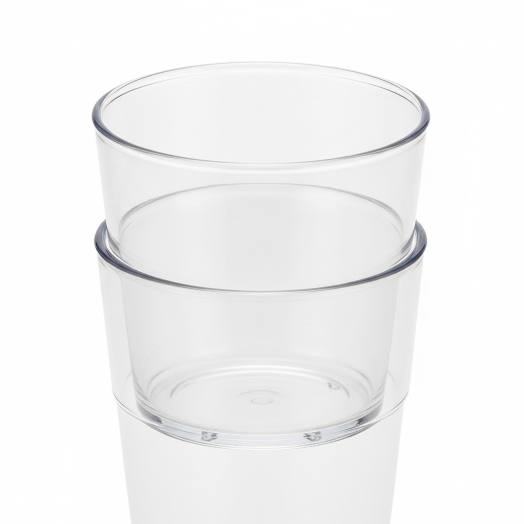 Close-up of anti-jam stacking lugs and smooth drinking rim of stackable plastic cups