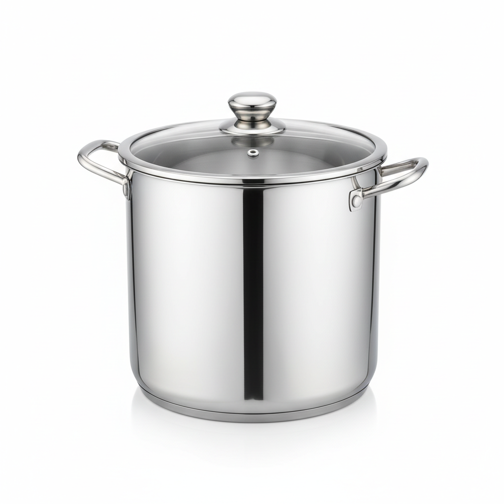 Stainless steel stock pot with assembled tempered glass lid and side handles on pure white background
