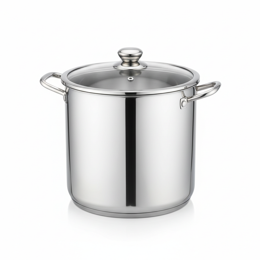 Stainless steel stock pot with assembled tempered glass lid and side handles on pure white background
