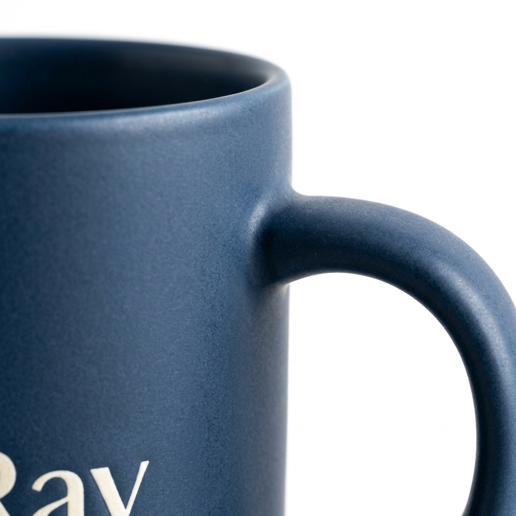 Detail close-up of ceramic mug showing smooth C-handle joint and rounded drinking rim on white background