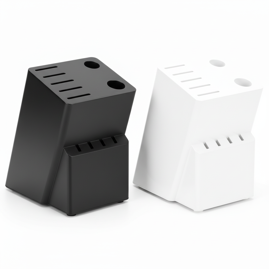Kitchen knife storage blocks in matte black and white finishes on pure white background