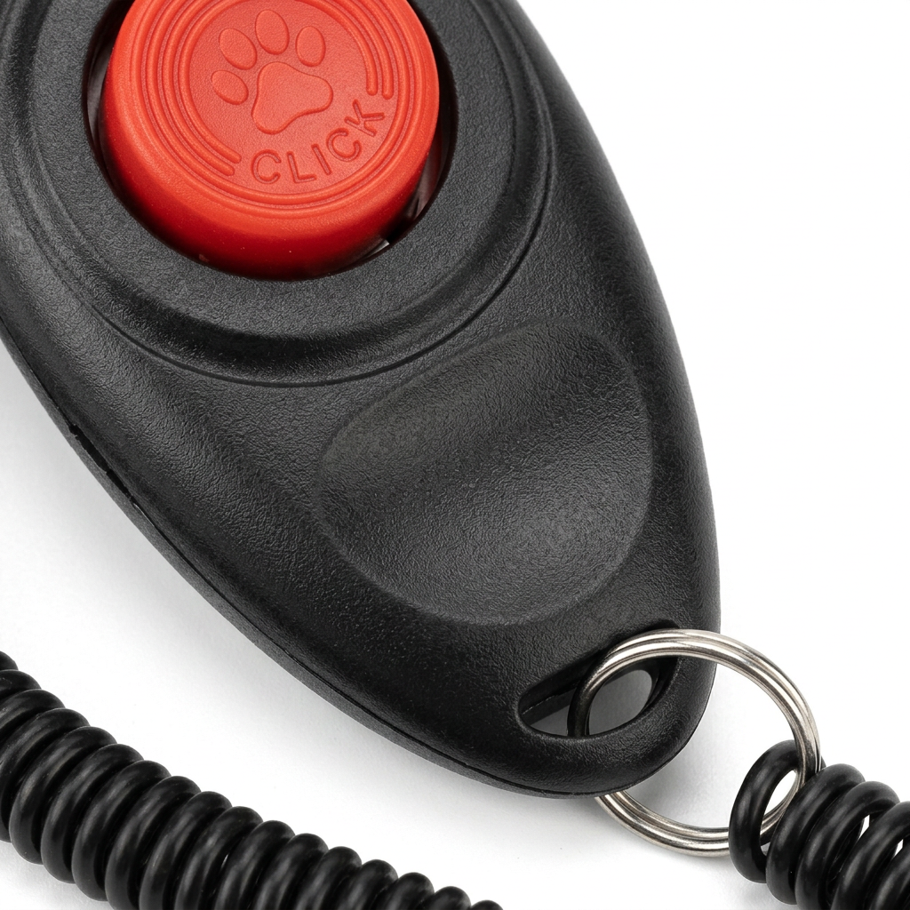 Macro close-up detail of raised push button press mechanism, thumb indent, and attachment split ring on training clicker