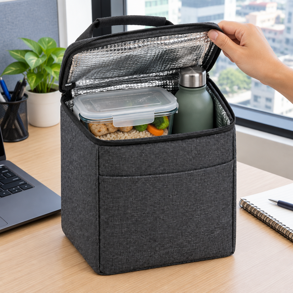Insulated lunch bag opened on an office desk in the Philippines showing meal prep container and water bottle inside