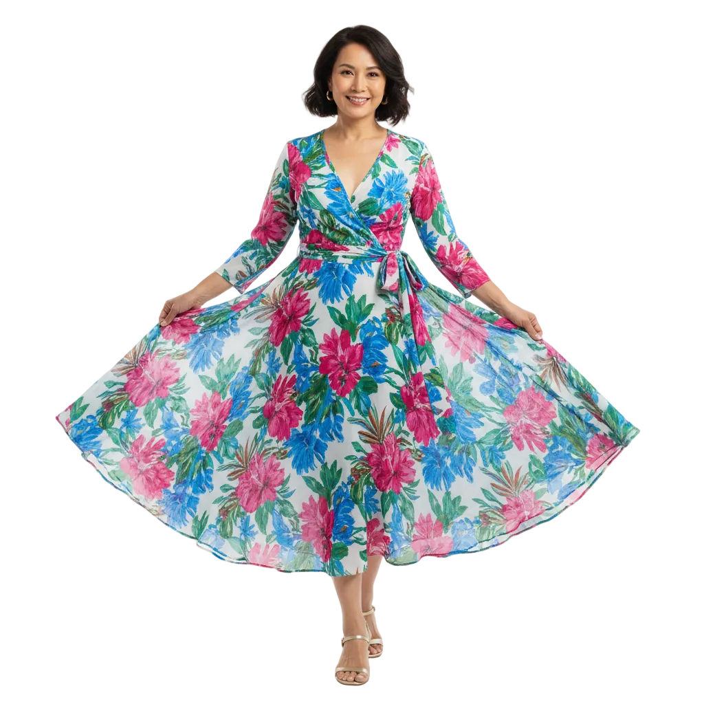 Women’s Wrap Midi Dress with Adjustable Waist Tie