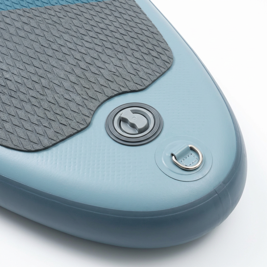 Detail close-up of inflatable stand-up paddle board textured EVA deck pad and valve on white background