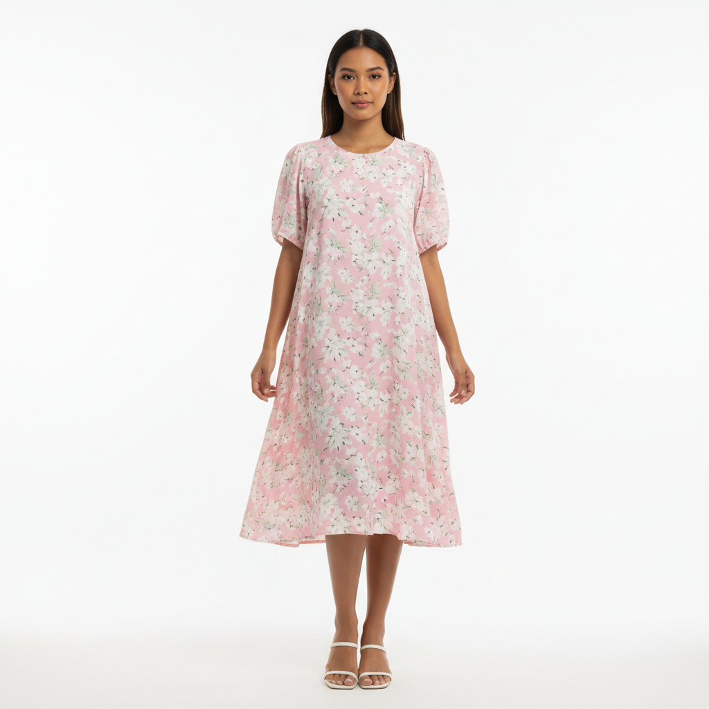 Thai female model pink floral short sleeve dress