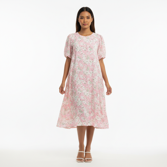 Thai female model pink floral short sleeve dress