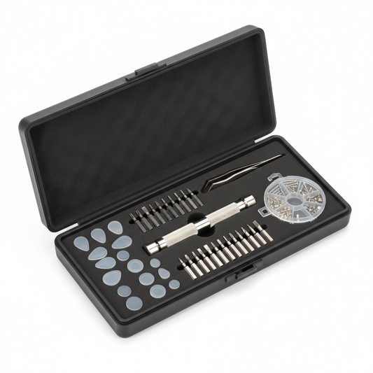 23-piece eyeglass repair tool kit opened in case on white background