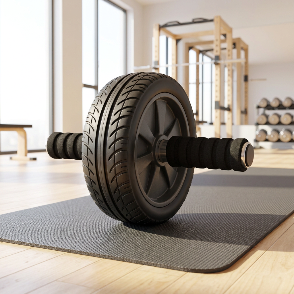 Abdominal exercise wheel resting on an exercise mat on a gym floor