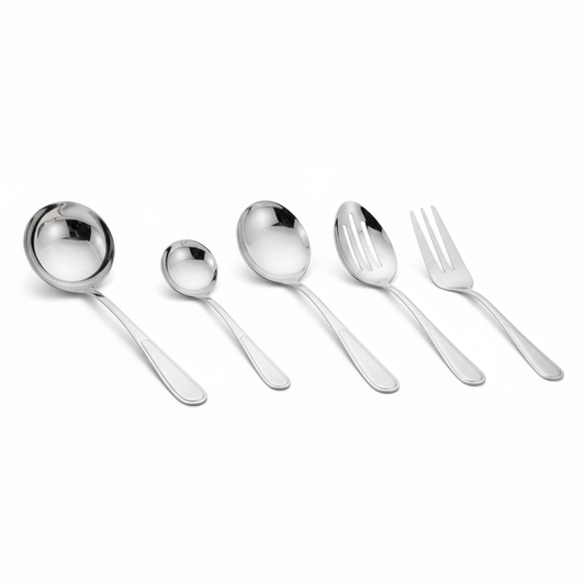 Six-piece mirror-polished 18/10 stainless steel hotel buffet serving utensil set approximately 30cm laid flat in neat row including large round soup ladle medium round ladle large oval serving spoon slotted serving spoon solid serving spoon and flat spatula on white background, commercial hospitality buffet banquet catering utensils