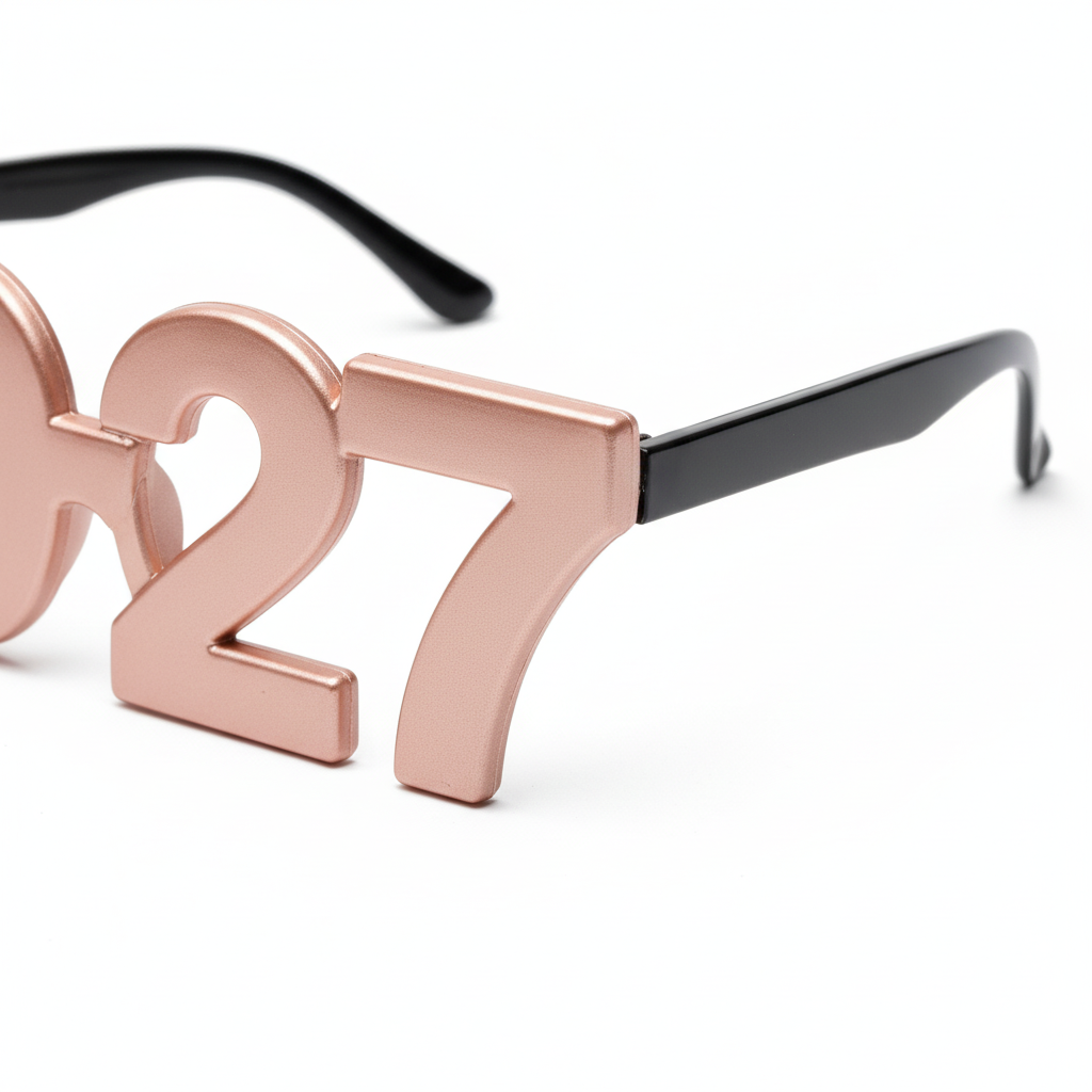Close-up of champagne rose gold molded plastic number frame, rounded edges, bridge, black temple arm, metal hinge and packaging sleeve