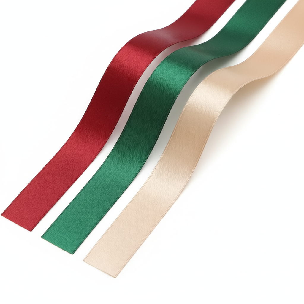 Close-up of burgundy, forest green and champagne satin ribbon strips showing smooth sheen, woven edges and clean cut ends.