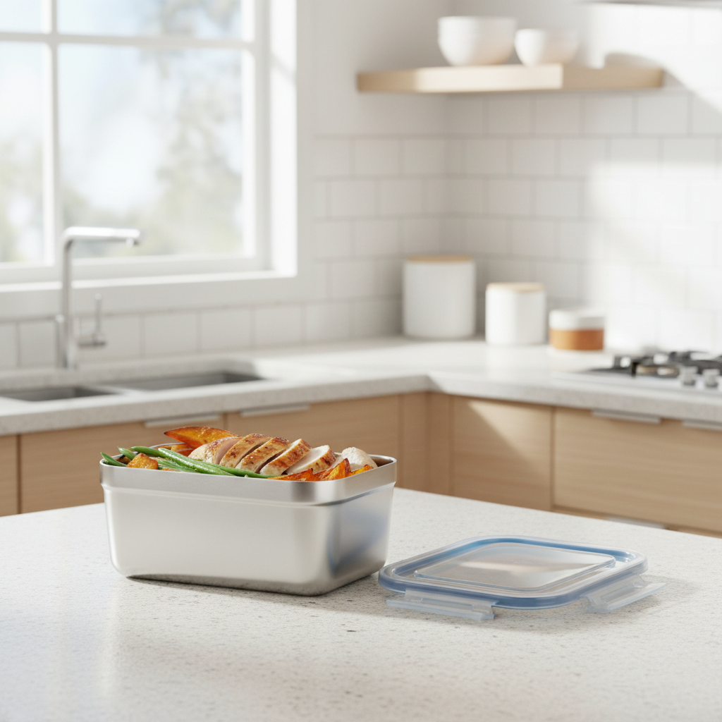 Stainless steel food storage container holding roasted chicken lunch meal on kitchen countertop