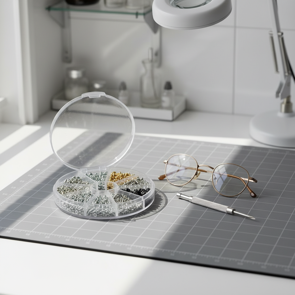 Eyeglass screw assortment box beside eyeglasses and micro screwdriver on workbench