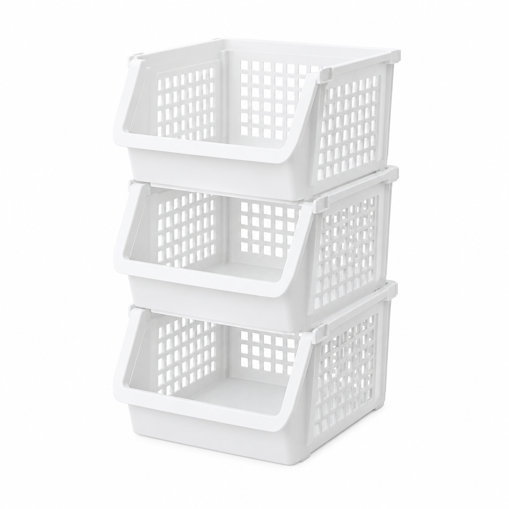 Stackable storage basket, three white front-open plastic baskets stacked on white background