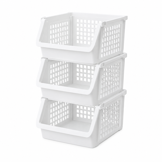 Stackable storage basket, three white front-open plastic baskets stacked on white background