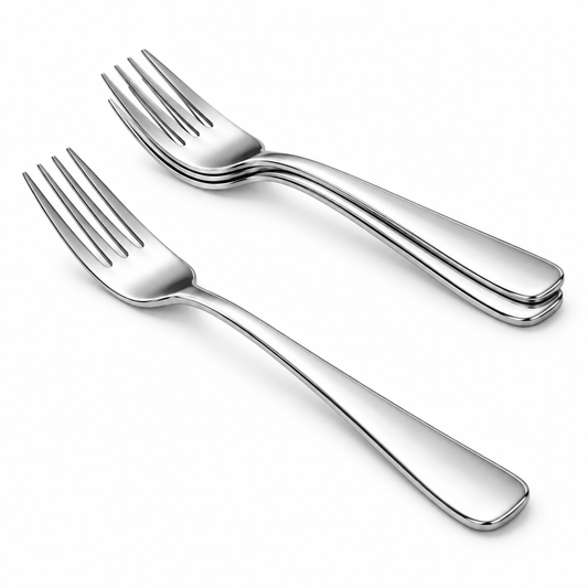Clean mirror polished stainless steel table fork showing smooth tines and handle, alongside nested forks on a pure white background