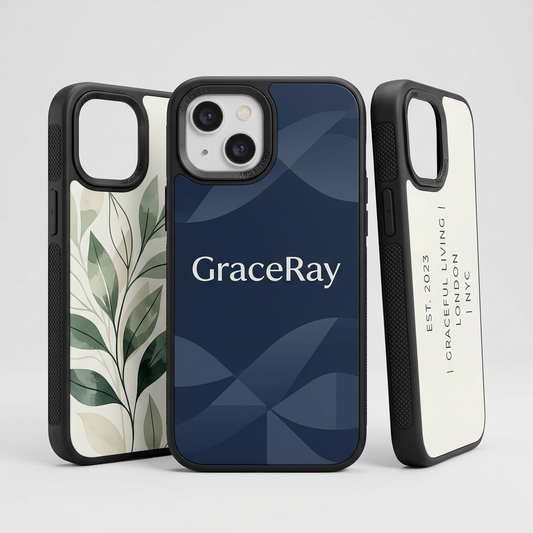 Custom printed phone cases featuring original brand artwork and colorful graphic designs.