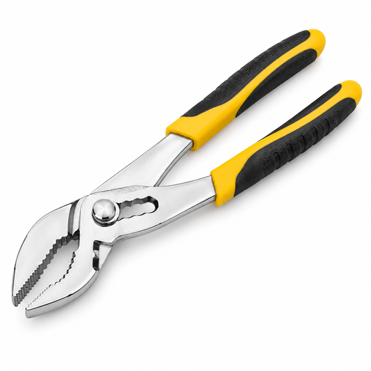 8-inch slip joint pliers with polished chrome finish, two-position adjustable pivot rivet, and yellow-black dipped handles on a seamless pure white background