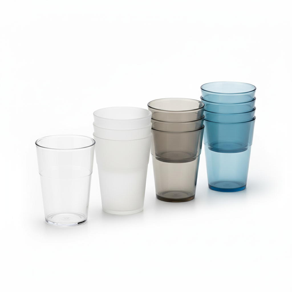 Stackable plastic drinking cups in transparent, white, gray, and blue on pure white background