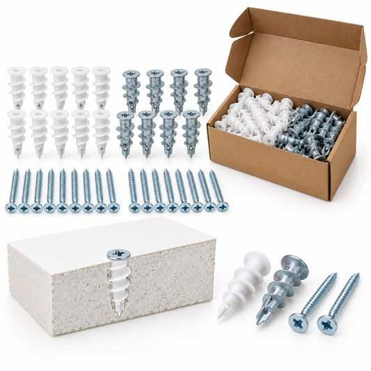 Assortment of self-drilling nylon and zinc drywall anchors with screws, featuring a cutaway gypsum board cross-section on a pure white background