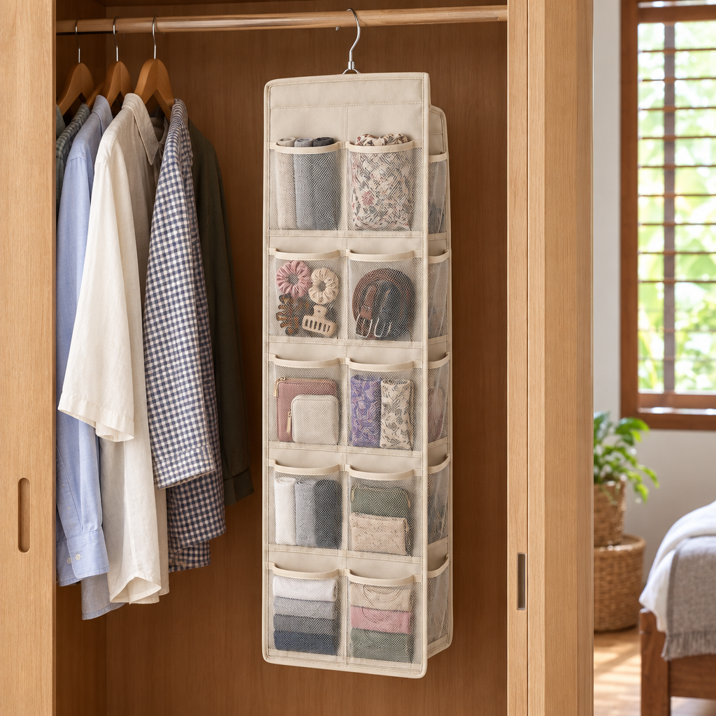 Hanging storage bag in a bedroom wardrobe holding socks, scarves, belts and folded clothing in mesh pockets