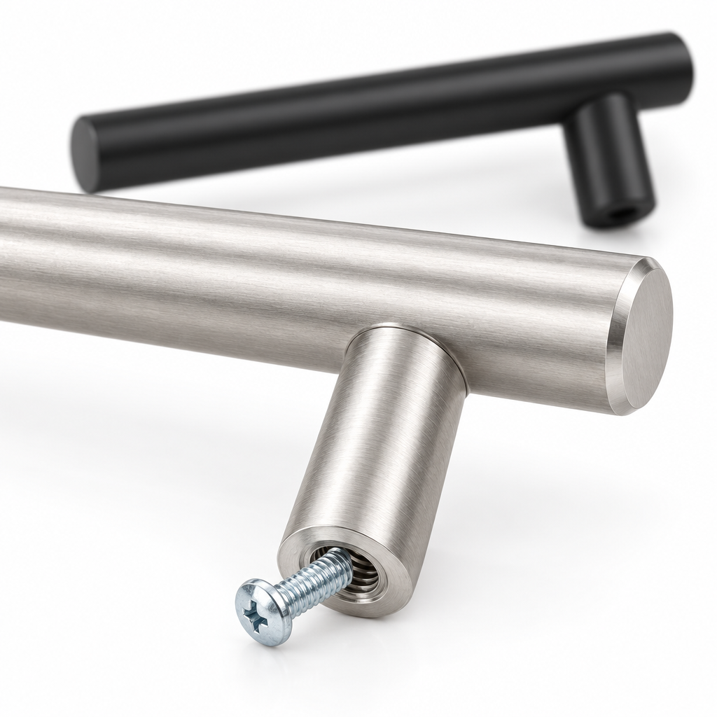Close-up macro view of the brushed satin nickel T-bar cabinet handle showing fine brushed grain, seamless joint, and threaded mounting socket on a pure white background